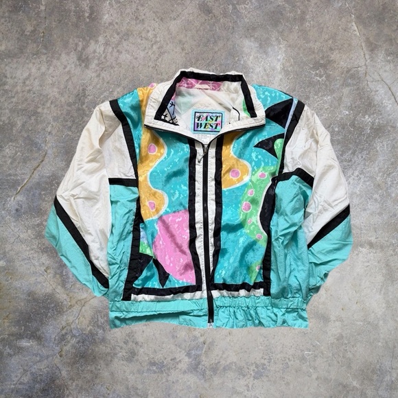 East West Jackets & Blazers - Vintage 90s East West Abstract Pop Art Light Blue Multi Color Windbreaker Jacket